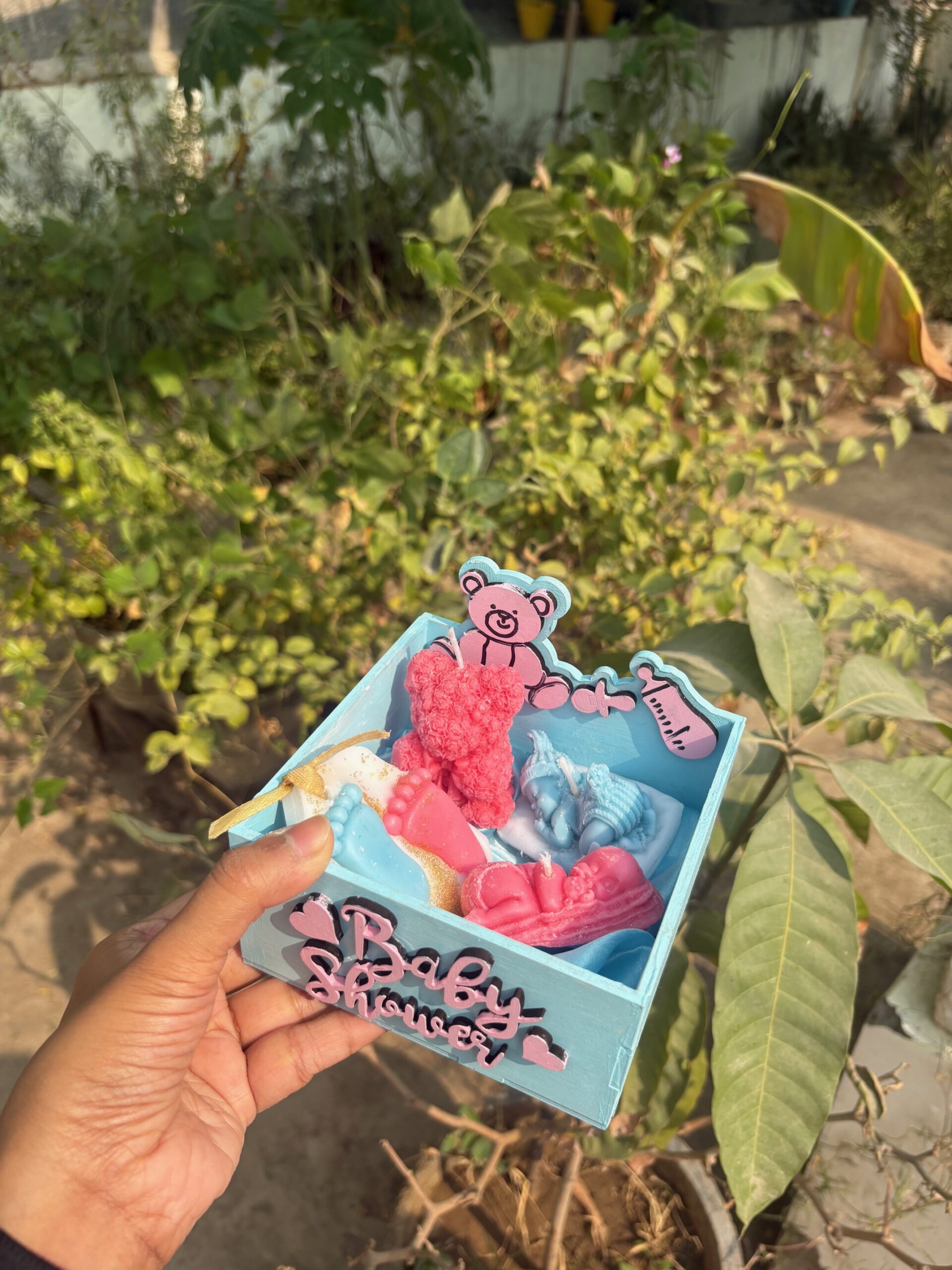 baby shower tray (Boy & girl) Baby Shower Favor Tray: Personalized Wax Sachet & Scented Candle Set